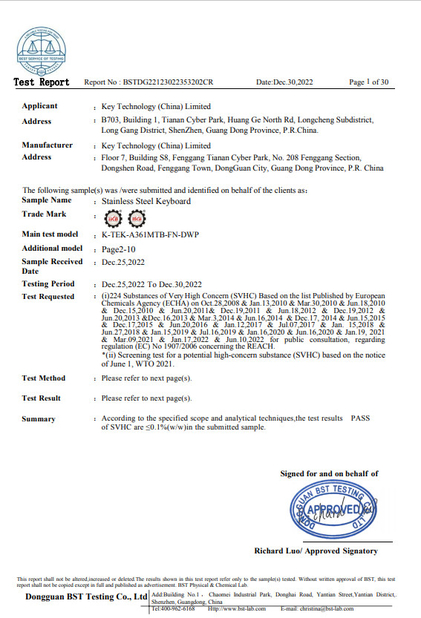 CHINA Key Technology ( China ) Limited Certificaten
